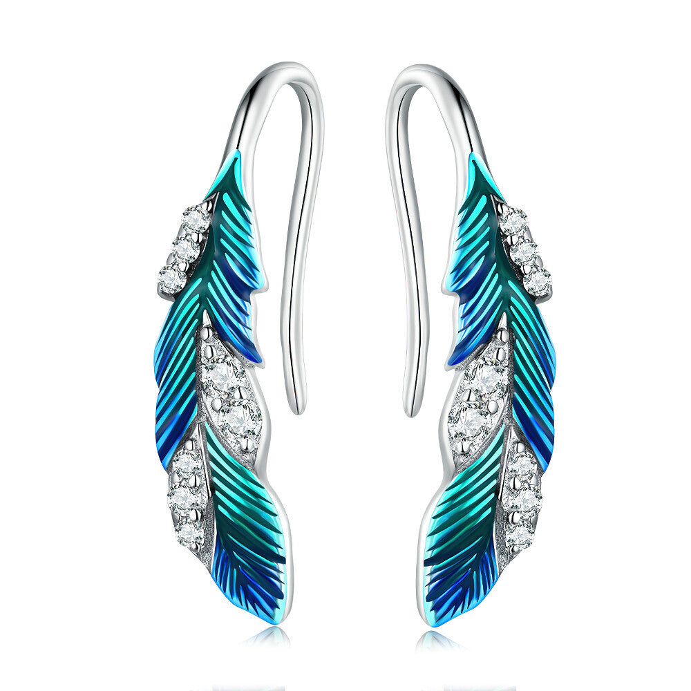 Blue Feather Earrings - 925 Sterling Silver