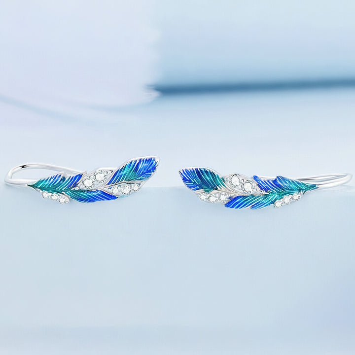 Blue Feather Earrings - 925 Sterling Silver