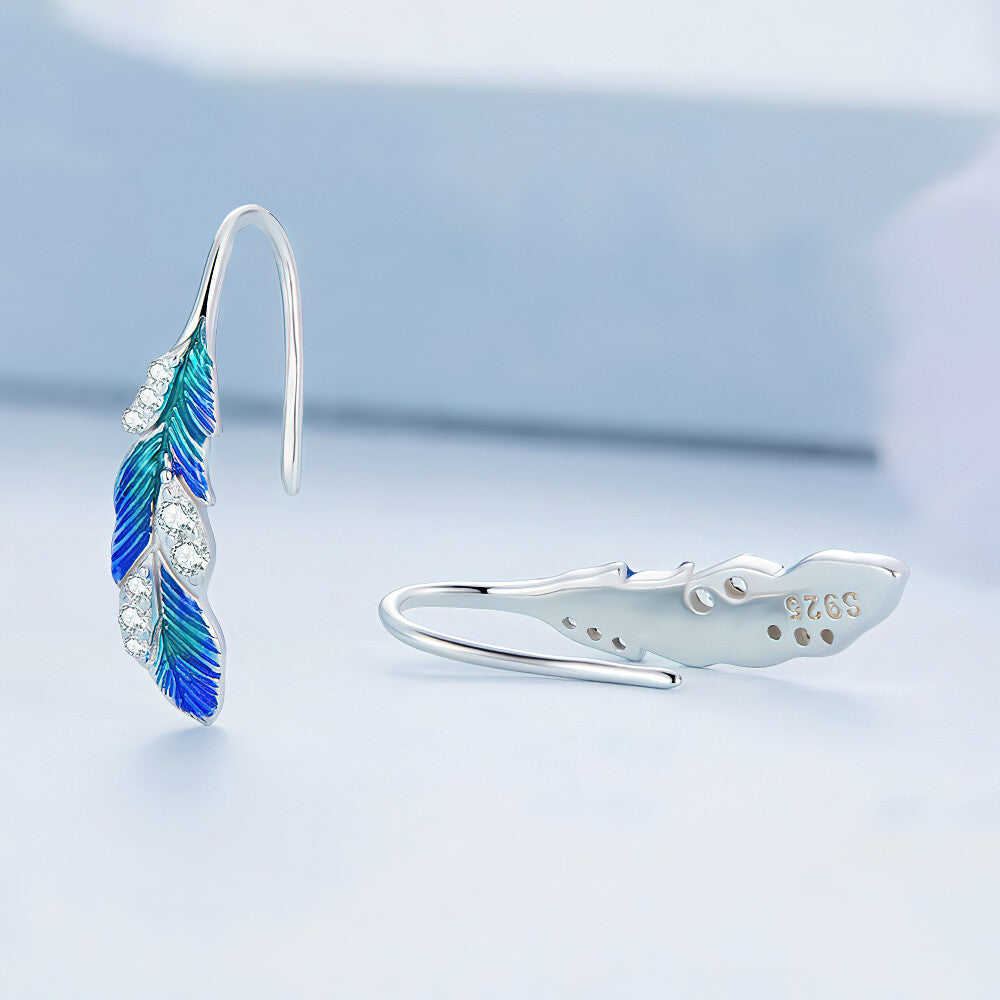 Blue Feather Earrings - 925 Sterling Silver