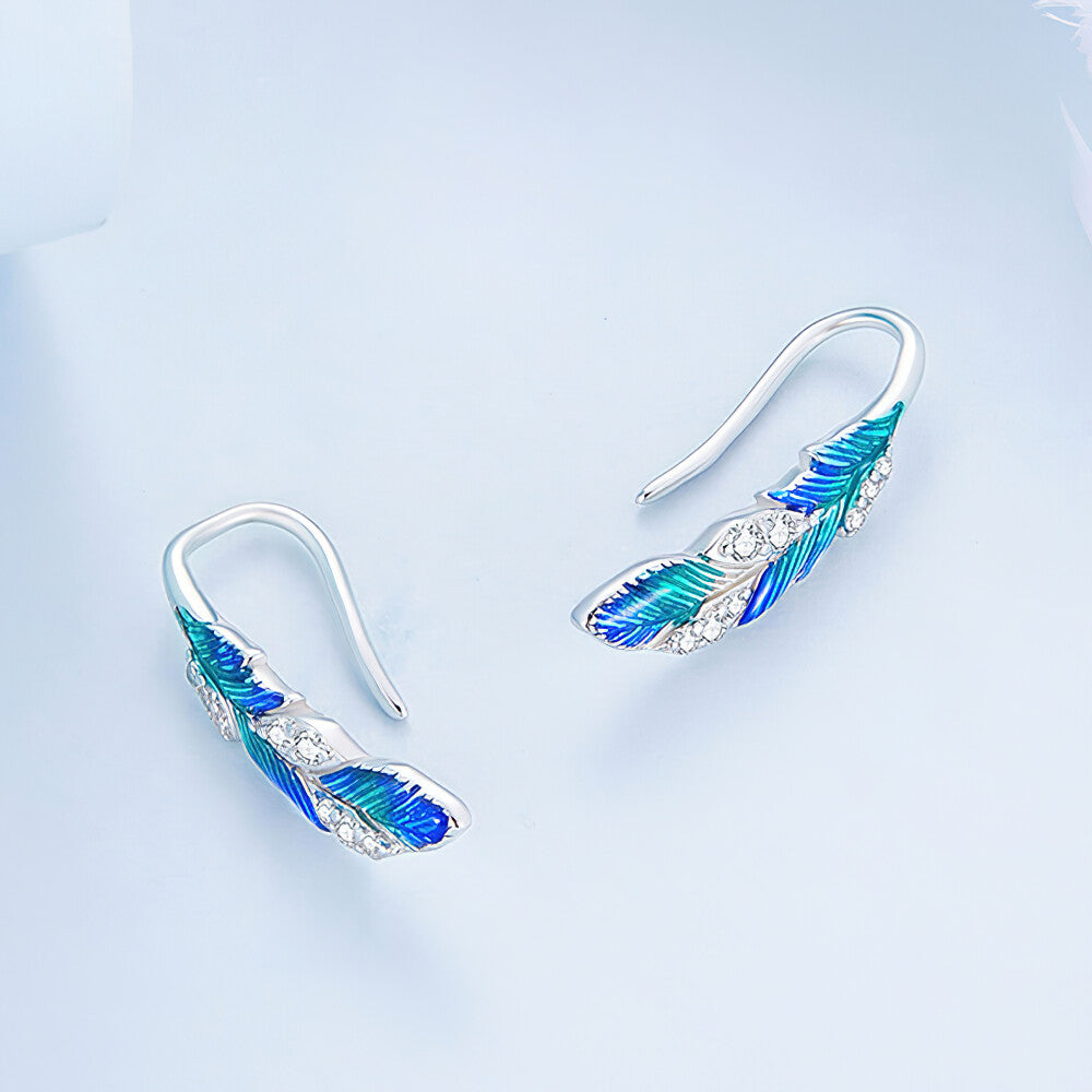 Blue Feather Earrings - 925 Sterling Silver